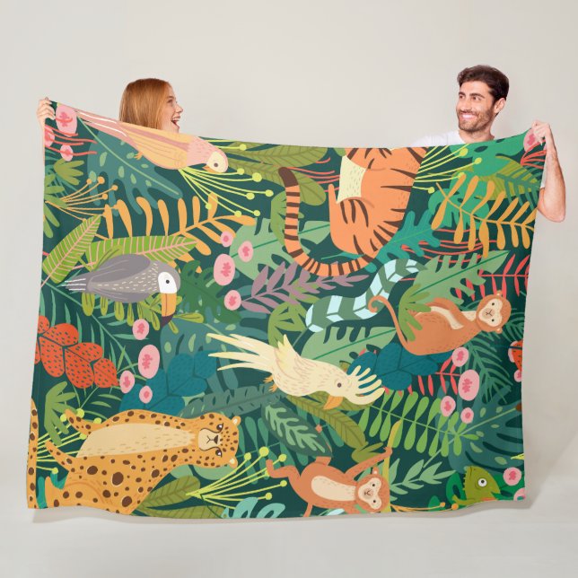 Summer pick nick Wild animals and jungle l Green Fleece Blanket (In Situ)