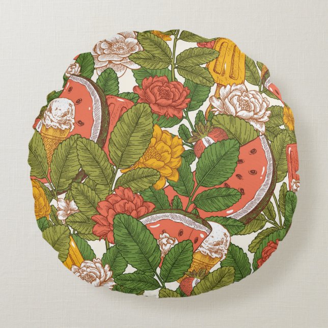 Summer Picnic Watermelon Ice Cream Round Cushion (Front)