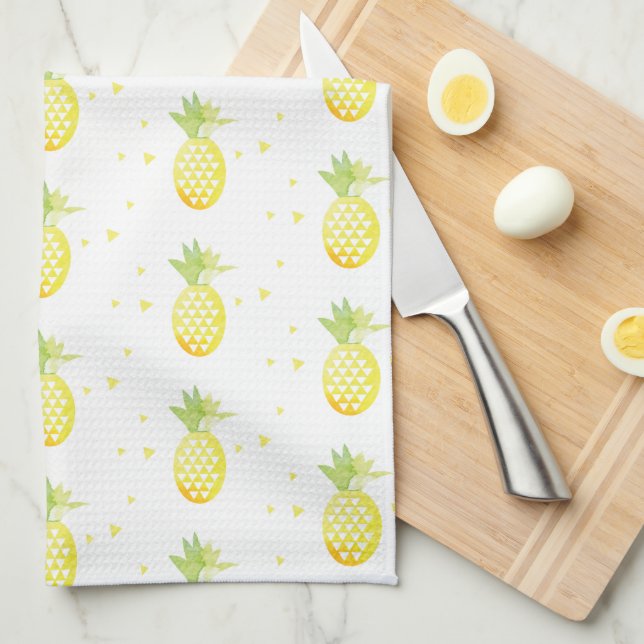 Summer Pineapple Sweet Tropical Watercolor Pattern Tea Towel (Quarter Fold)