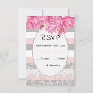Summer pink and grey stripes Floral Lace wedding RSVP Card