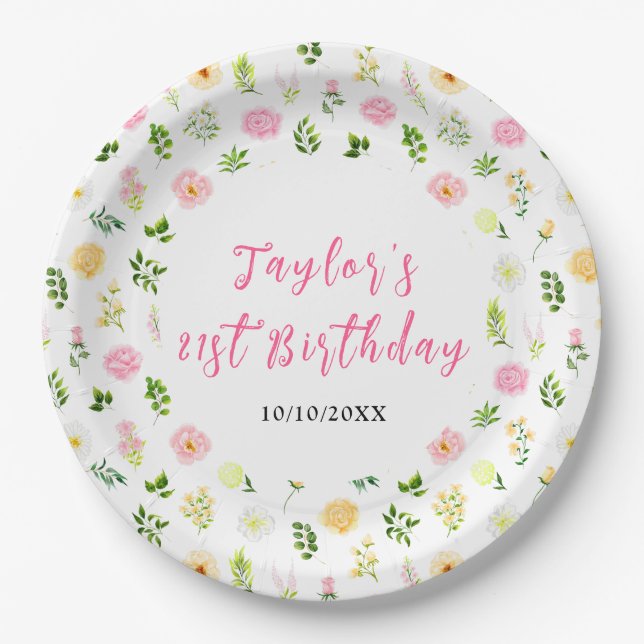 Summer Pink and Yellow Floral Birthday Paper Plate (Front)