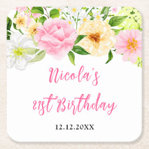 Summer Pink and Yellow Floral Birthday Square Paper Coaster