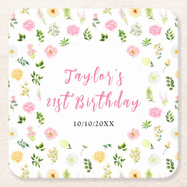 Summer Pink and Yellow Floral Birthday Square Paper Coaster (Front)
