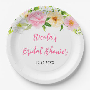 Summer Pink and Yellow Floral Bridal Shower Paper Plate