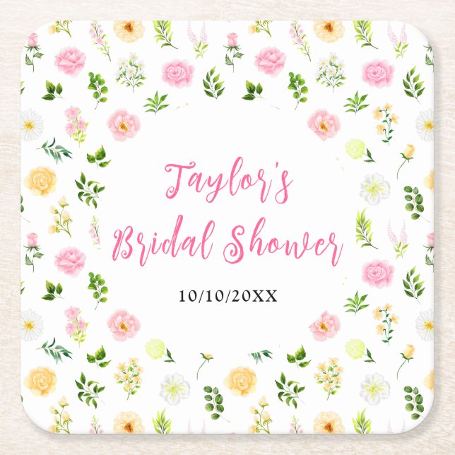 Summer Pink and Yellow Floral Bridal Shower Square Paper Coaster (Front)
