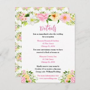 Summer Pink and Yellow Floral Wedding Details Enclosure Card