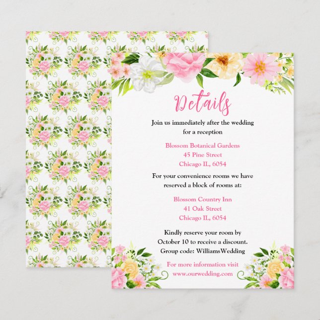 Summer Pink and Yellow Floral Wedding Details Enclosure Card (Front/Back)