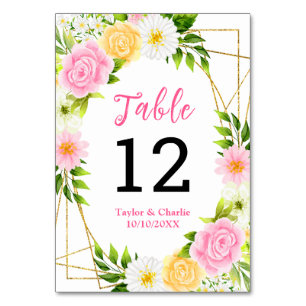 Summer Pink and Yellow Floral Wedding Table Number