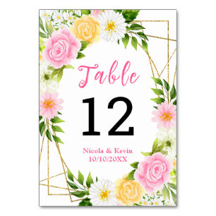 Summer Pink and Yellow Floral Wedding Table Number