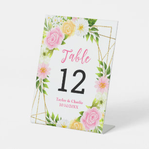 Summer Pink and Yellow Floral Wedding Table Number Pedestal Sign