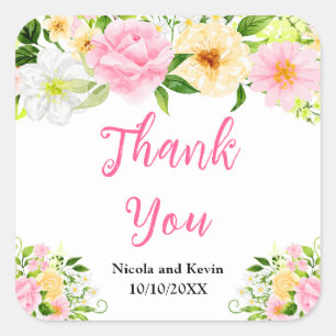 Summer Pink and Yellow Floral Wedding Thank You Square Sticker