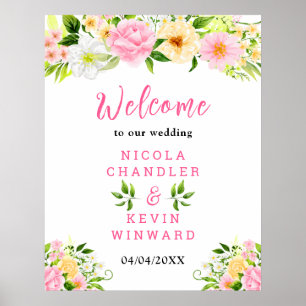Summer Pink and Yellow Floral Wedding Welcome Sign