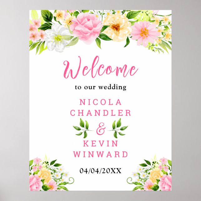 Summer Pink and Yellow Floral Wedding Welcome Sign (Front)