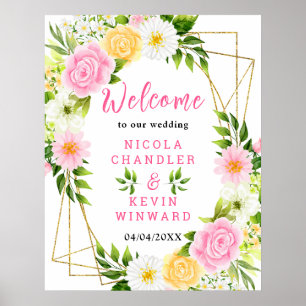 Summer Pink and Yellow Flower Wedding Welcome Sign