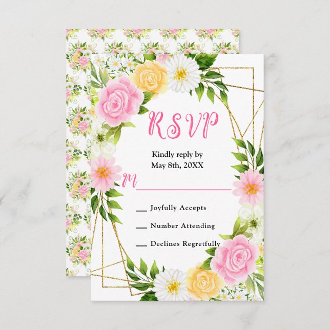 Summer Pink and Yellow Flowers and Foliage RSVP Card (Front/Back)