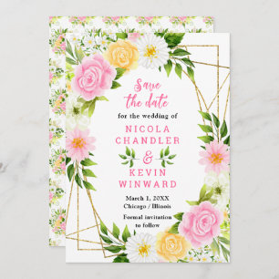 Summer Pink and Yellow Flowers and Foliage Wedding Save The Date