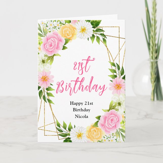 Summer Pink and Yellow Flowers Birthday Card (Front)
