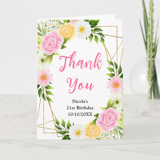 Summer Pink and Yellow Flowers Birthday Thank You Card (Front)