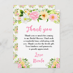 Summer Pink and Yellow Flowers Bridal Shower Thank You Card