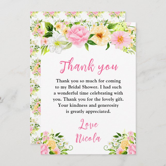 Summer Pink and Yellow Flowers Bridal Shower Thank You Card (Front/Back)