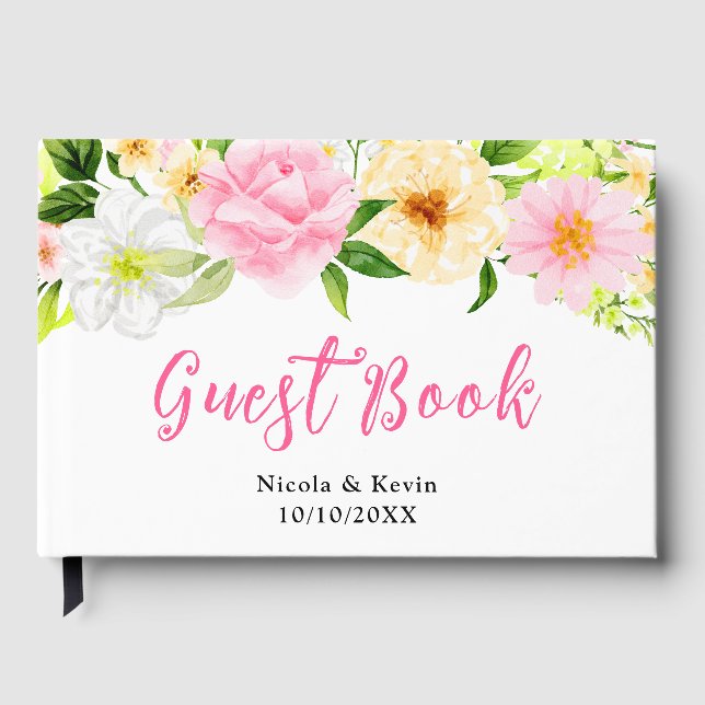Summer Pink and Yellow Flowers Wedding Guest Book (Front)