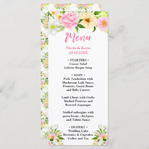 Summer Pink and Yellow Flowers Wedding Menu