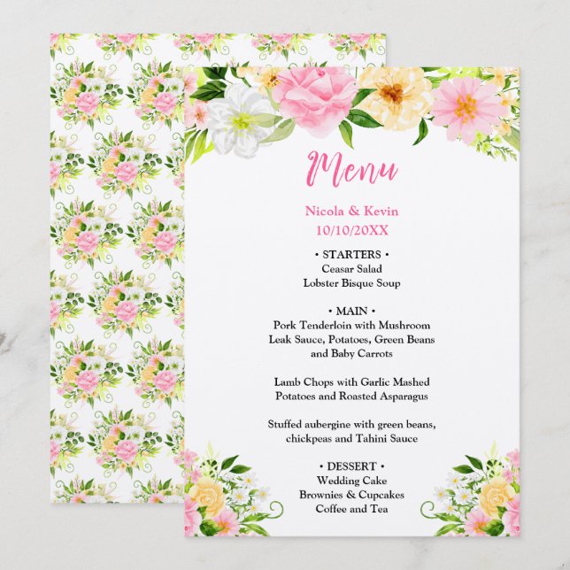 Summer Pink and Yellow Flowers Wedding Menu (Front/Back)
