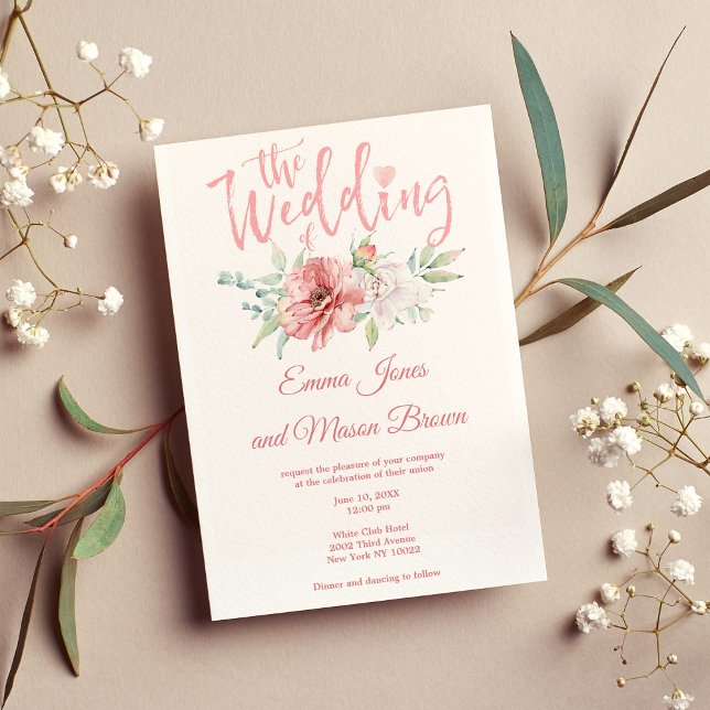 Summer pink coral mint floral typography Wedding Invitation (Summer pink coral mint floral typography Wedding )
