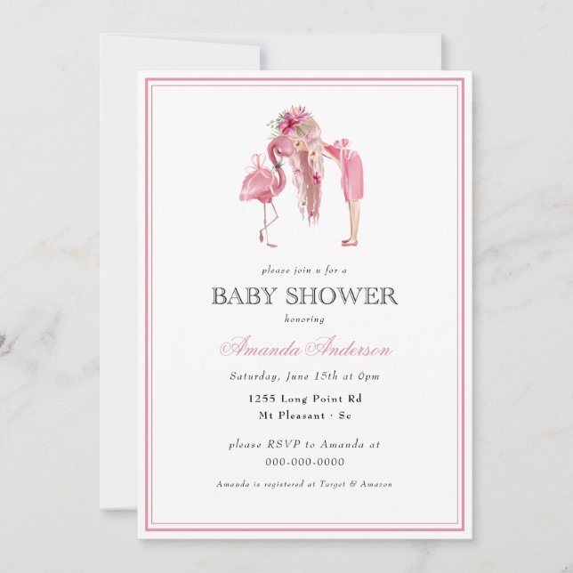 Summer Pink Flamingo Modern Girl Baby Shower Invitation (Front)