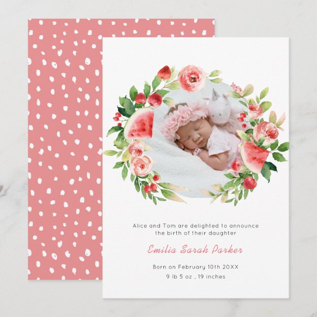 Summer Pink Floral Fruit Wreath Photo Baby Birth  Announcement (Front/Back)