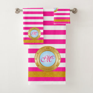 Summer Pink Gold Stripes Monogrammed Beach Bath Towel Set