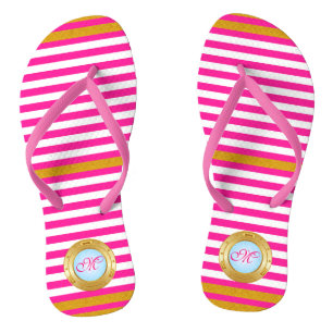 Summer Pink Gold Stripes Monogrammed Beach Jandals