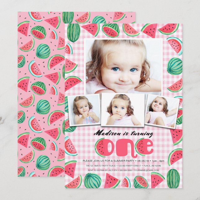 Summer Pink & Green First Birthday Watermelon Invitation (Front/Back)