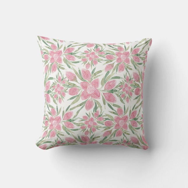 Summer Pink Green Watercolor Blooming Flowers Cushion (Front)