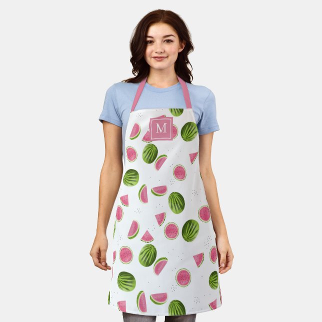Summer Pink & Green Watermelon Monogram Initials Apron (Worn)