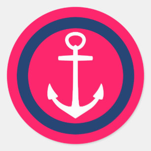 Summer Pink Navy Blue and White Anchor Classic Round Sticker