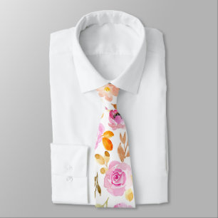Summer Pink Orange Watercolor Floral Wedding Tie