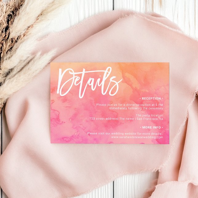 Summer pink orange Watercolor Wedding Details Invitation (Summer pink orange Watercolor Wedding Details Invitation)