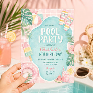 Summer Pink Pool Party: Palm Springs Girl Birthday Invitation