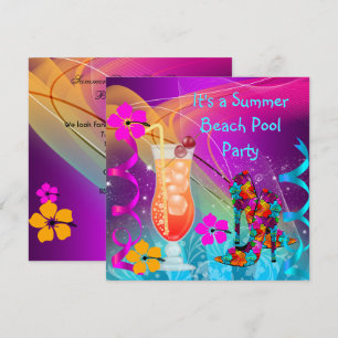 Summer Pink Teal Beach Pool Cocktail Party 3 Invitation