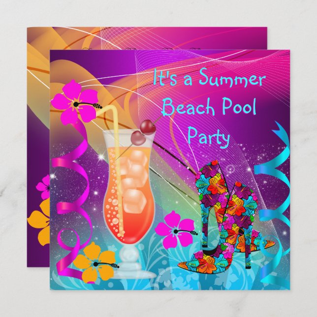 Summer Pink Teal Beach Pool Cocktail Party 3 Invitation (Front/Back)