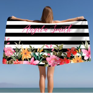 Summer Pink Watercolor Floral and Name Beach Towel