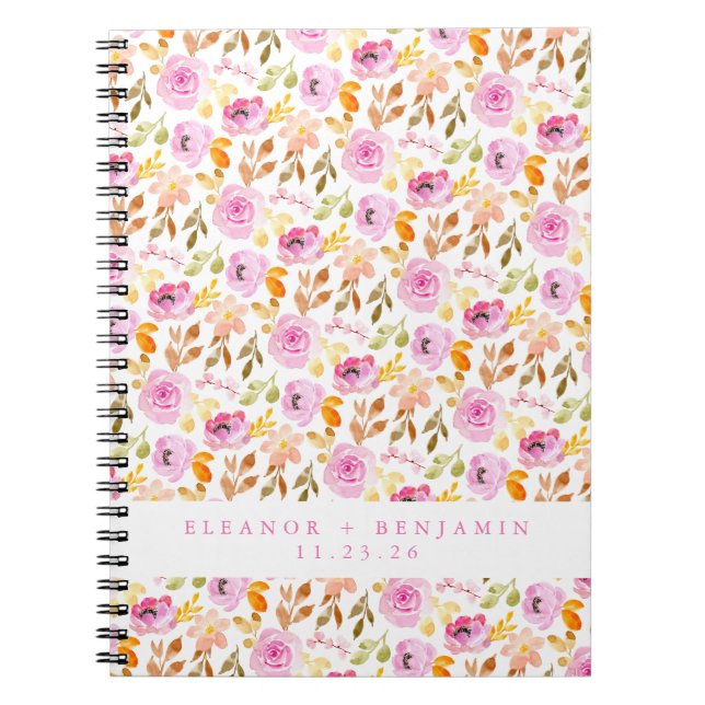 Summer Pink Watercolor Floral Custom Wedding  Notebook (Front)