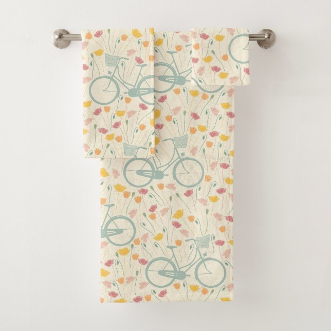 Summer Pink Yellow Flowers Blue Bicycle Pattern Bath Towel Set (Insitu)