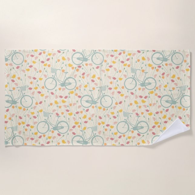Summer Pink Yellow Flowers Blue Bicycle Pattern Beach Towel (Front)