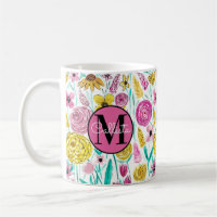 Summer Pink Yellow Flowers Watercolor Monogram