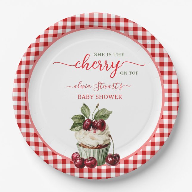 Summer plaid Cherry theme Baby shower Paper Plate (Front)