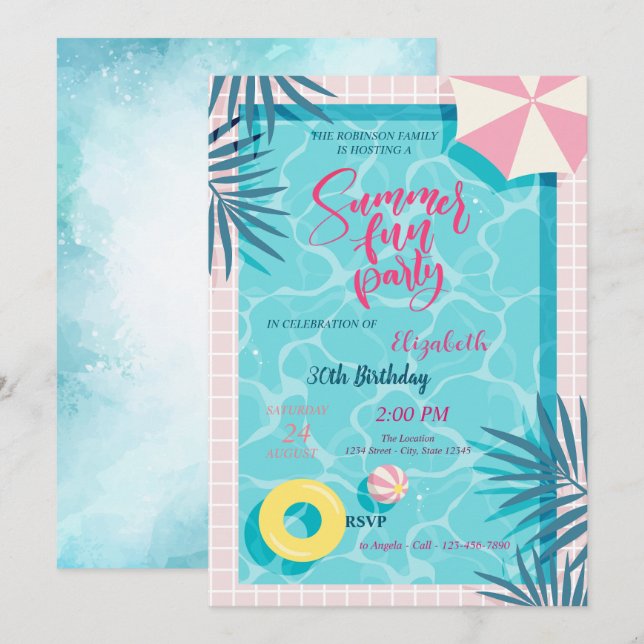 Summer Pool Palm Leaf Birthday Party Invitation (Front/Back)