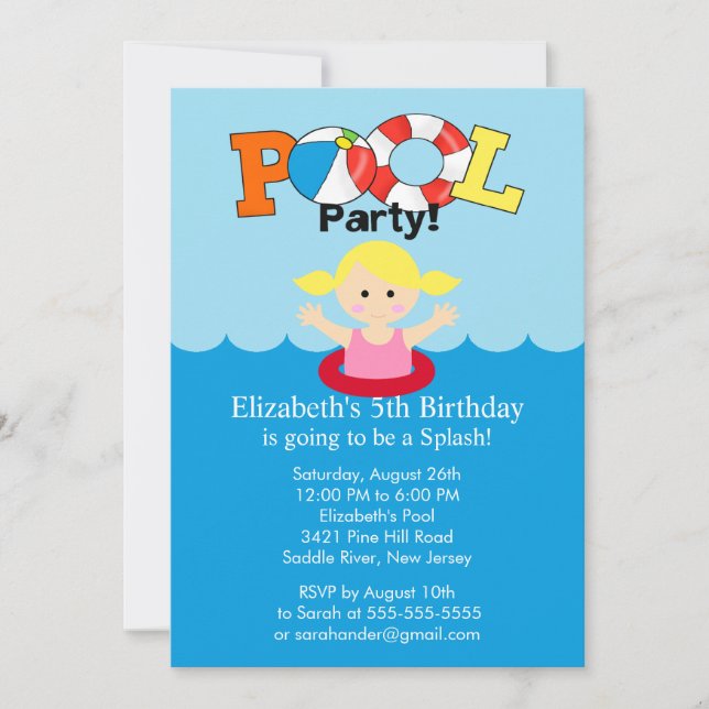 Summer POOL Party Birthday Invitation Blonde Girl (Front)