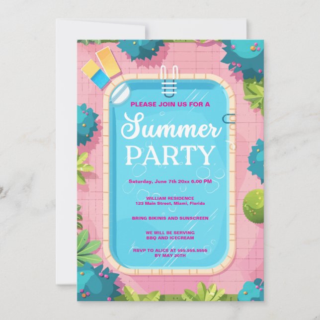 Summer Pool Party Blue Pink Invitation (Front)